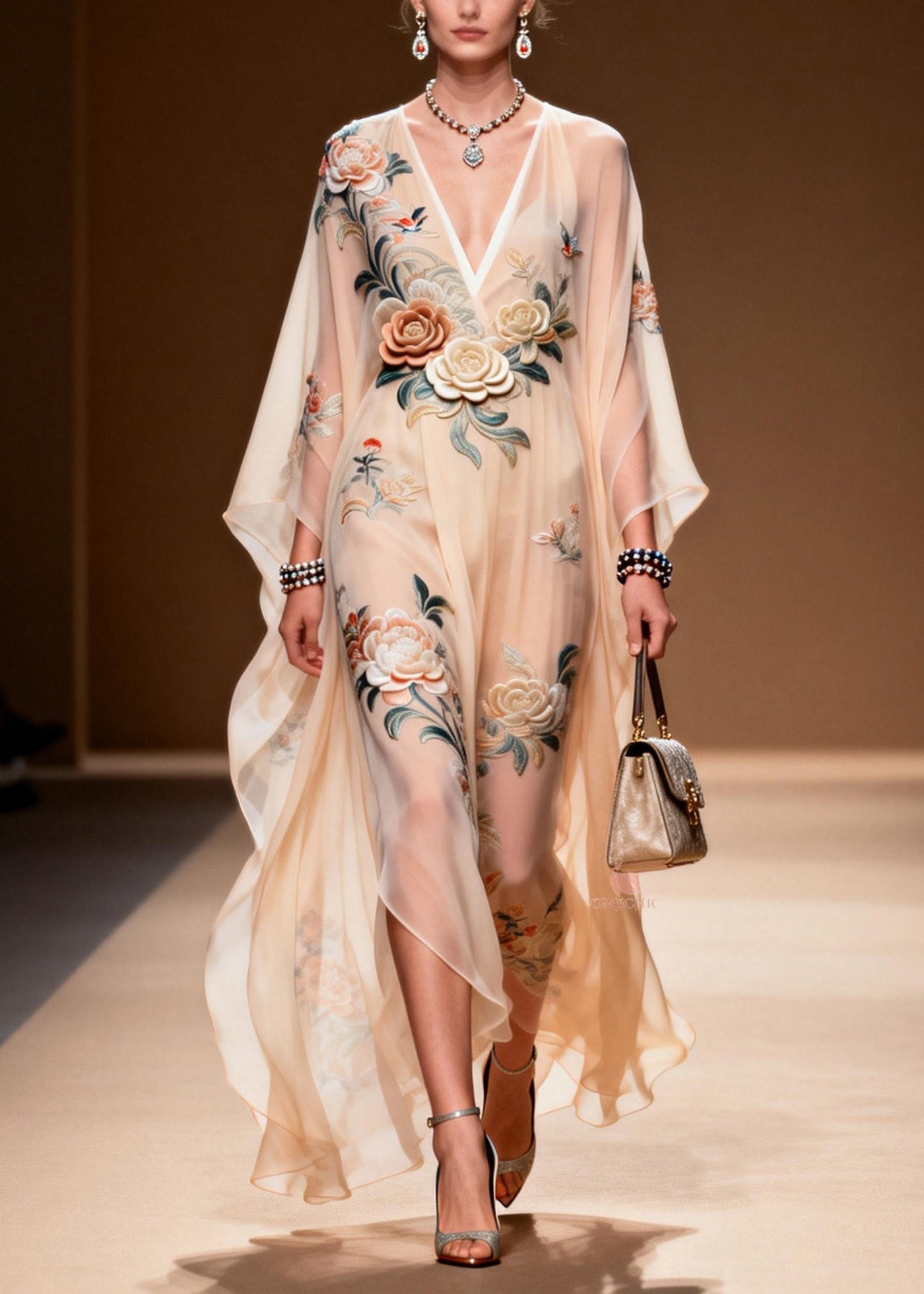 Chic V Neck Print Wrinkled Chiffon Maxi Dresses Spring 3