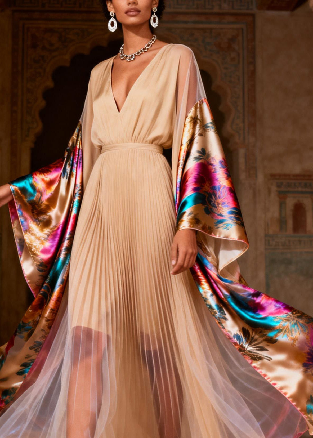 Floral Print Pleated Deep V-Neck Kimono Sleeve Tulle Hem Maxi Gown