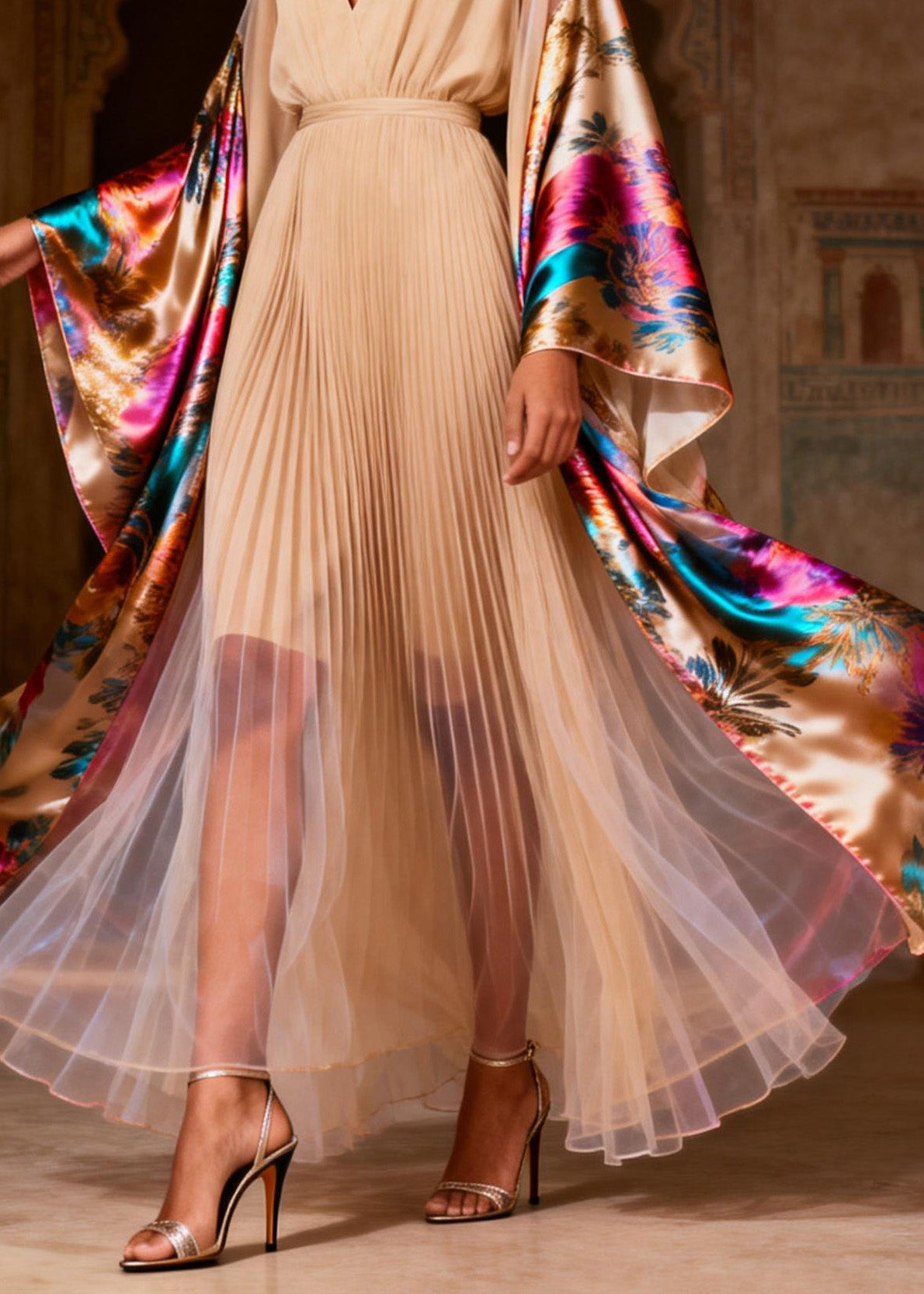 Floral Print Pleated Deep V-Neck Kimono Sleeve Tulle Hem Maxi Gown