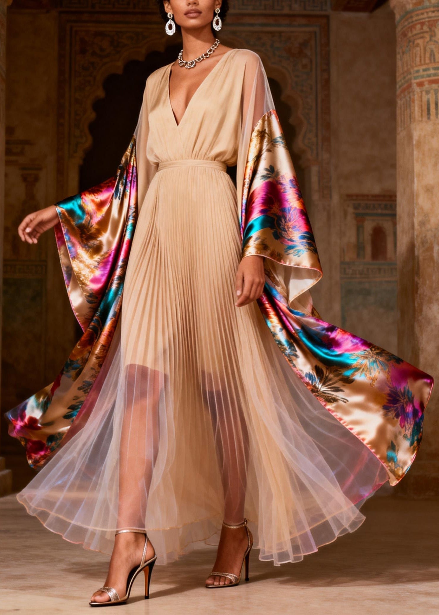 Floral Print Pleated Deep V-Neck Kimono Sleeve Tulle Hem Maxi Gown