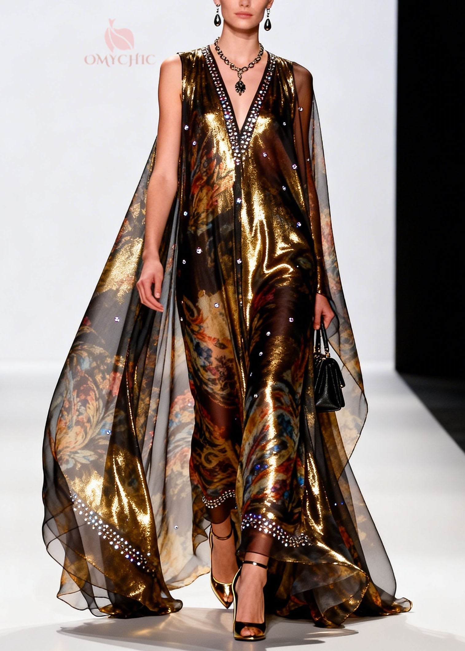 Metallic Floral Print Deep V-Neck Sleeveless Rhinestone Trim Sheer Cape Maxi Gown