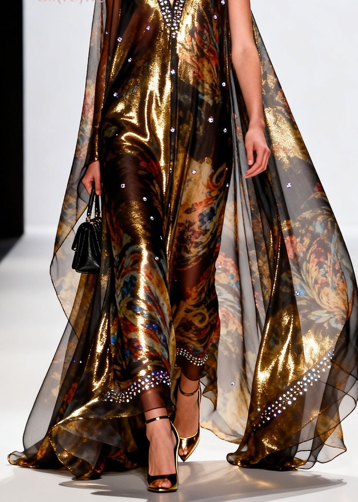 Metallic Floral Print Deep V-Neck Sleeveless Rhinestone Trim Sheer Cape Maxi Gown