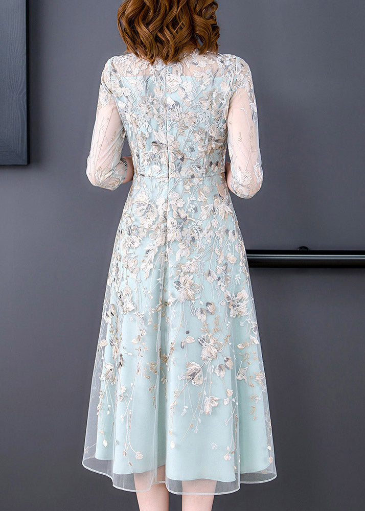 Floral Embroidered Sheer Mesh Three Quarter Sleeve Round Neck A-Line Midi Dress