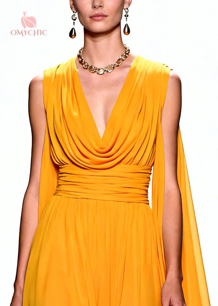 Cowl Neck Deep V-Neck Ruched Waist Shoulder Cape Floral Appliqué Hem Chiffon Gown