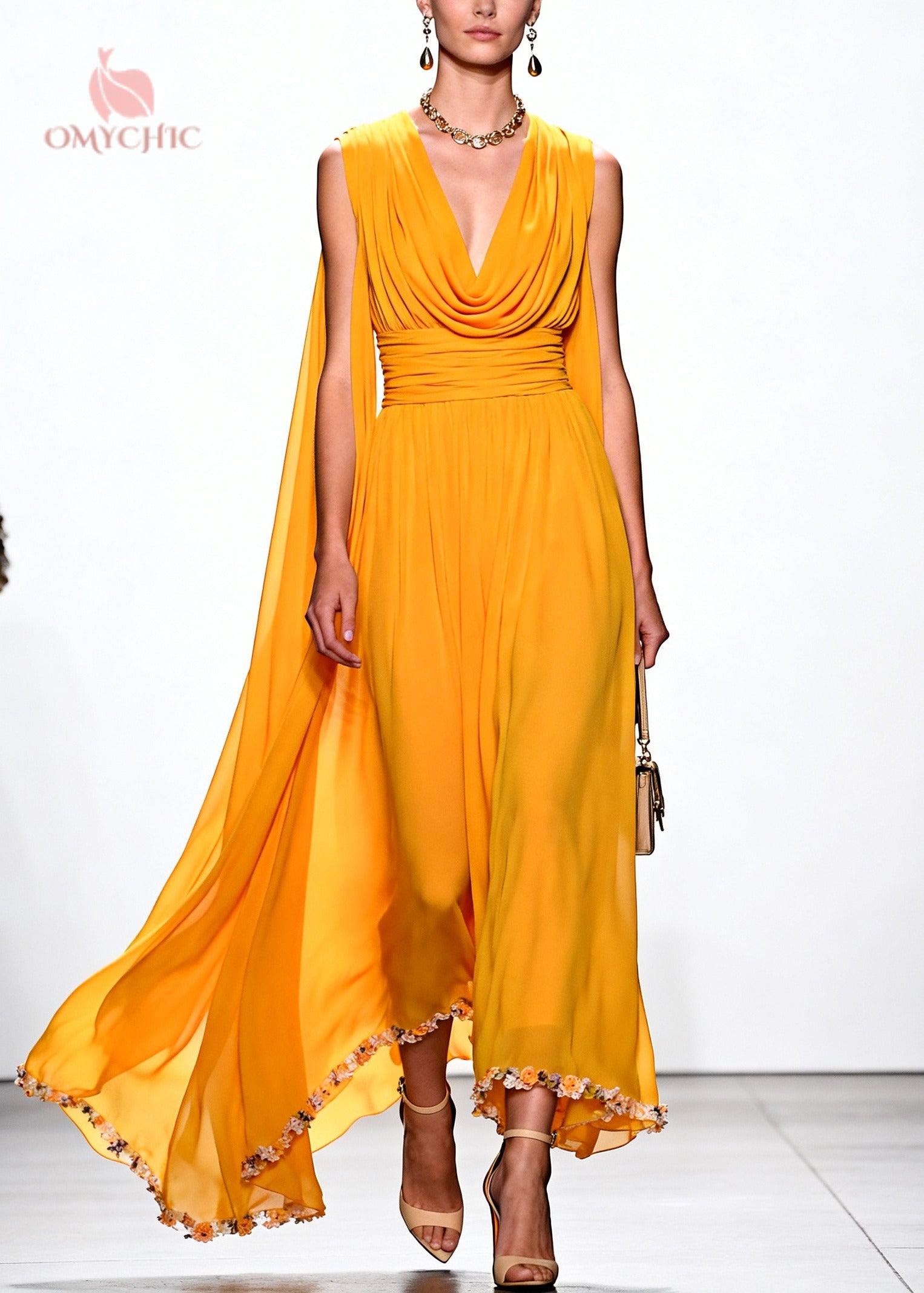 Cowl Neck Deep V-Neck Ruched Waist Shoulder Cape Floral Appliqué Hem Chiffon Gown