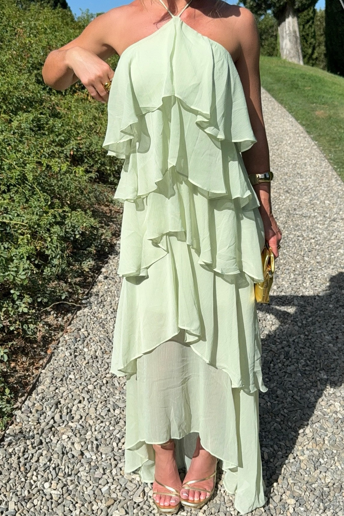 Chic A Line Halter Neck Light Green Long Prom Dress with Ruffles