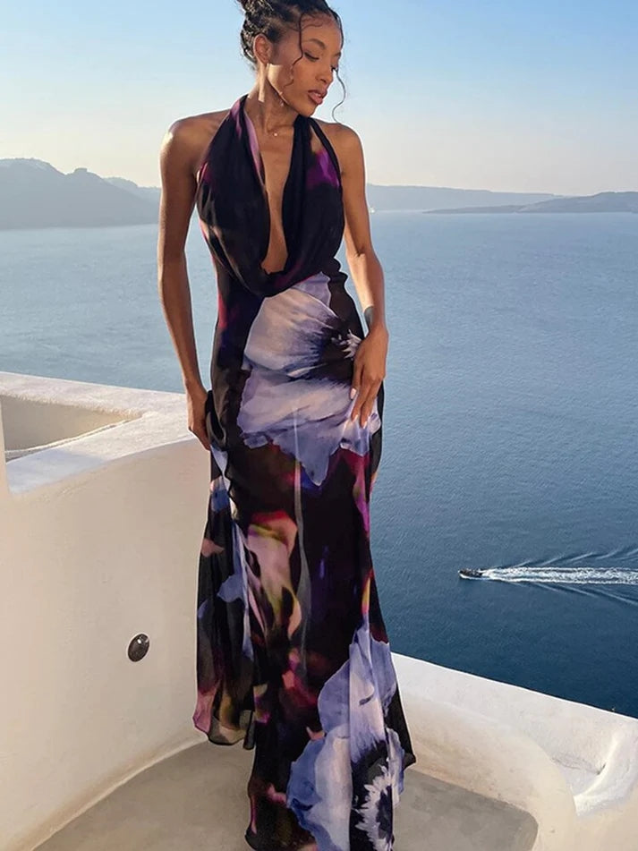 Stylish Low Back Halter Neck Floral Print Mesh Maxi Dress