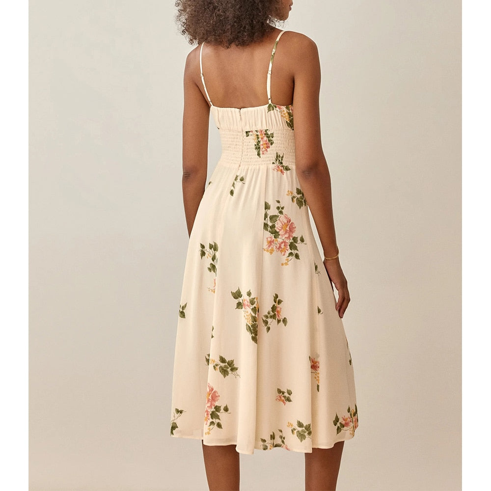Women Summer Smocked Elastic Waist Tie Neck Sleeveless Spaghetti Strap Beach Dress