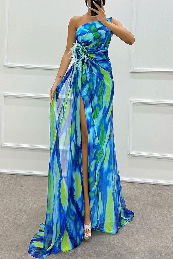 Chiffon Floral Print Slit Dress Casual Party Long Dress