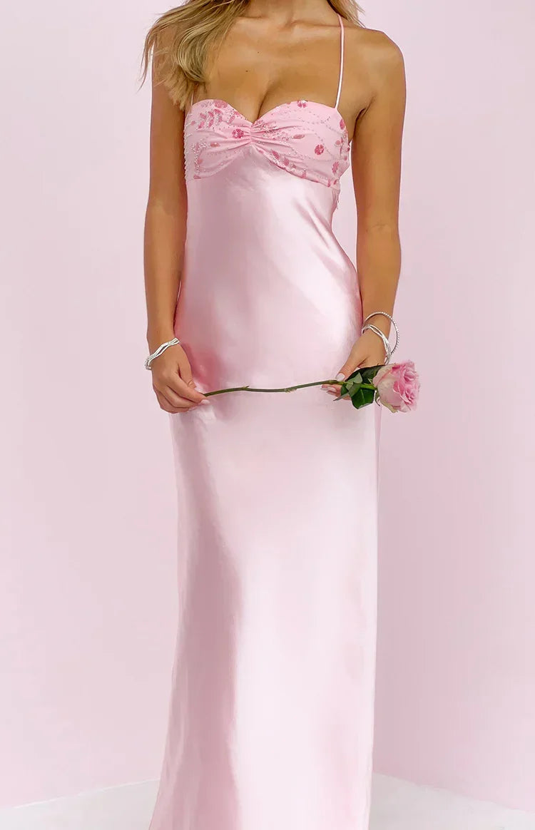 Satin Beaded Floral Sweetheart Bust Bias Cut Maxi Dress