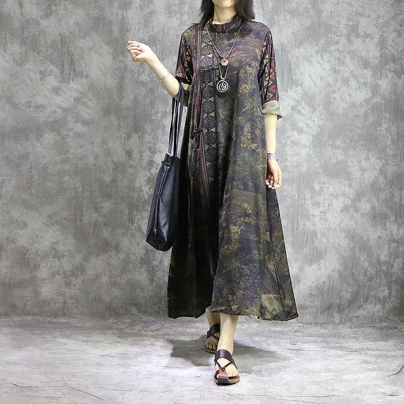 Mandarin Collar Long Sleeve Abstract Print Toggle Button Border Trim Maxi Dress