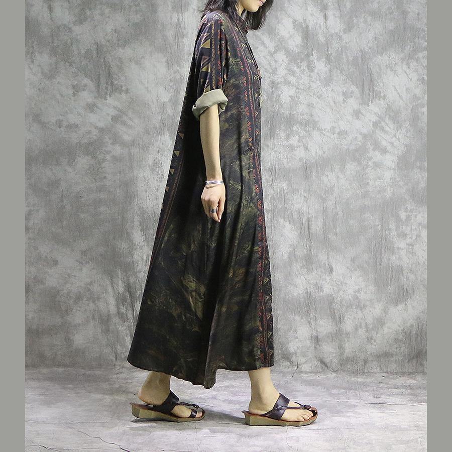 Mandarin Collar Long Sleeve Abstract Print Toggle Button Border Trim Maxi Dress