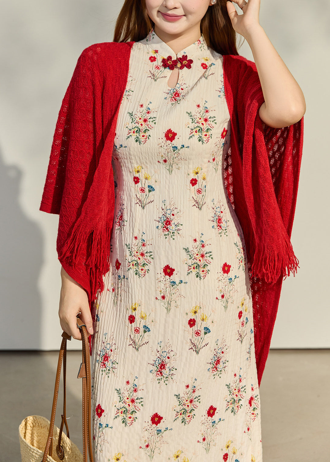 Chinese Style Apricot Print Wrinkled Chiffon Long Dresses Summer