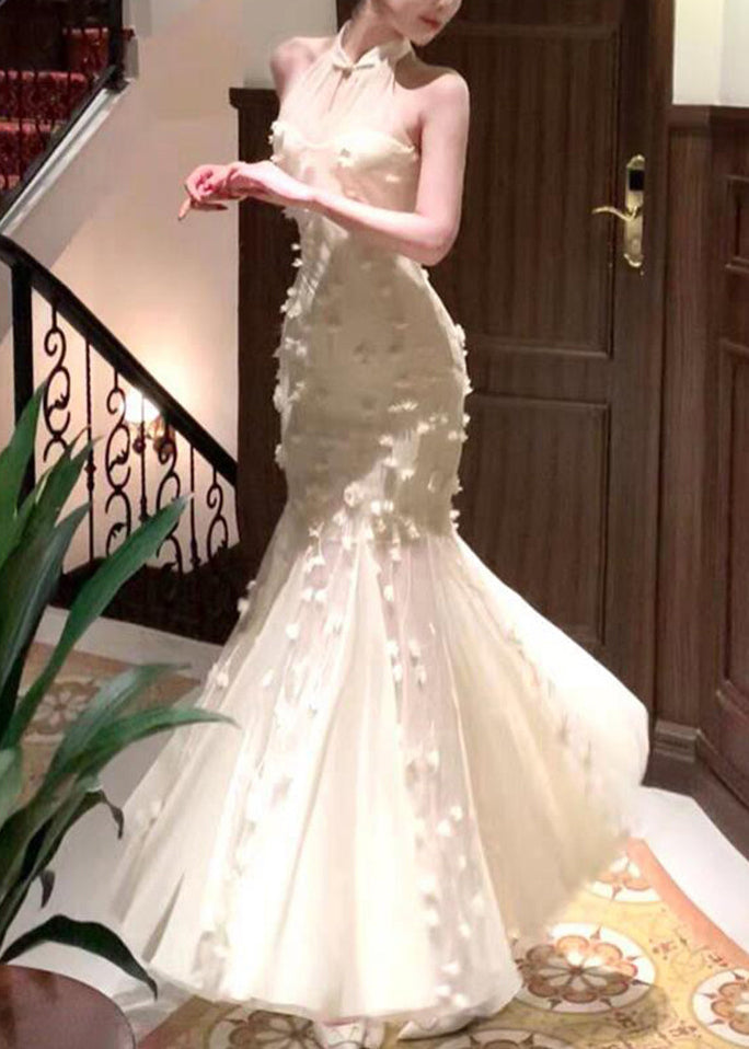 Halter Neck Floral Applique Tulle Mermaid Gown