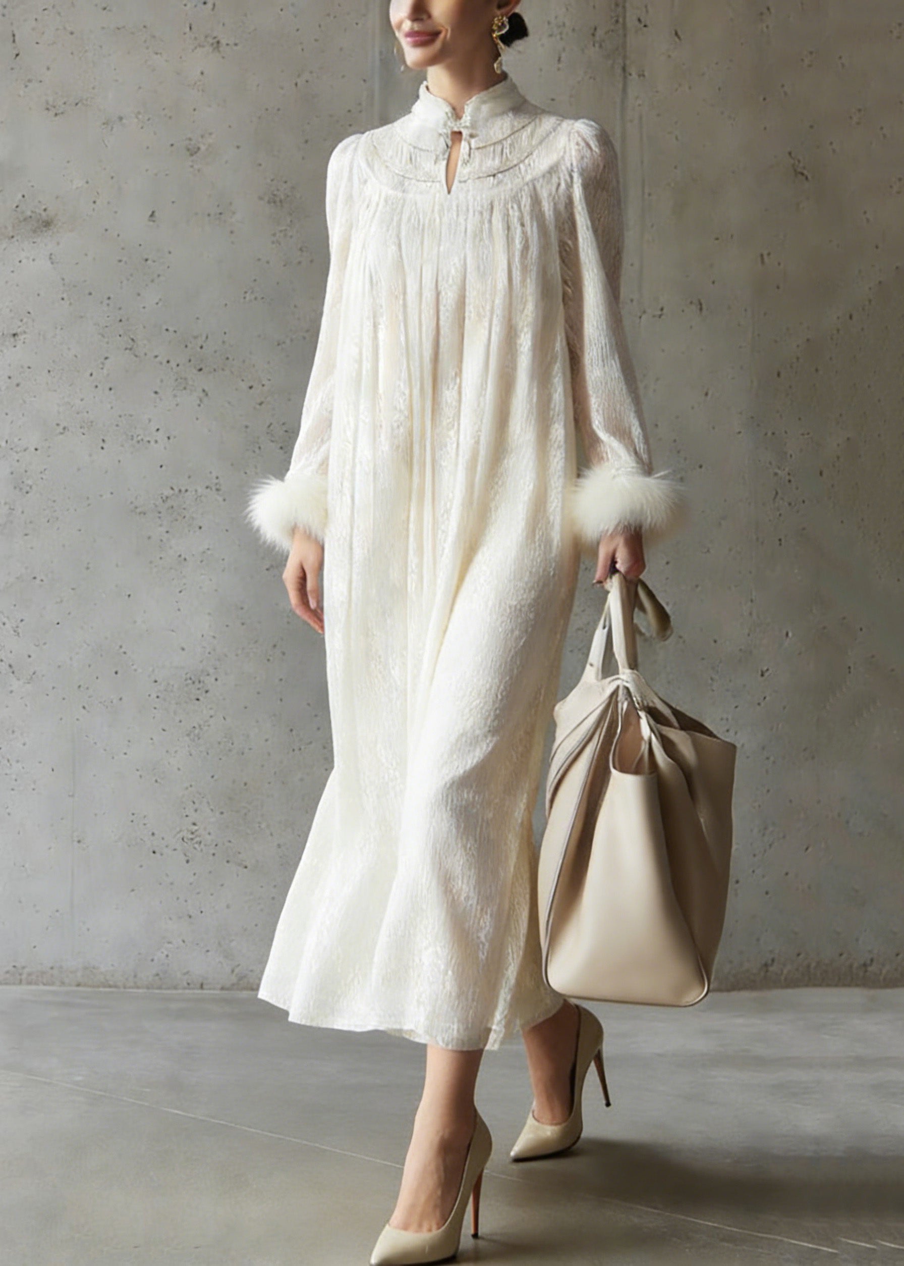Crinkled Mandarin Collar Pintuck Pleated Fur Cuff Maxi Dress - View 3