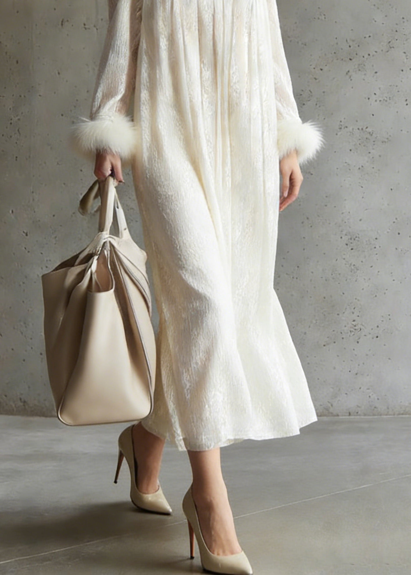 Crinkled Mandarin Collar Pintuck Pleated Fur Cuff Maxi Dress