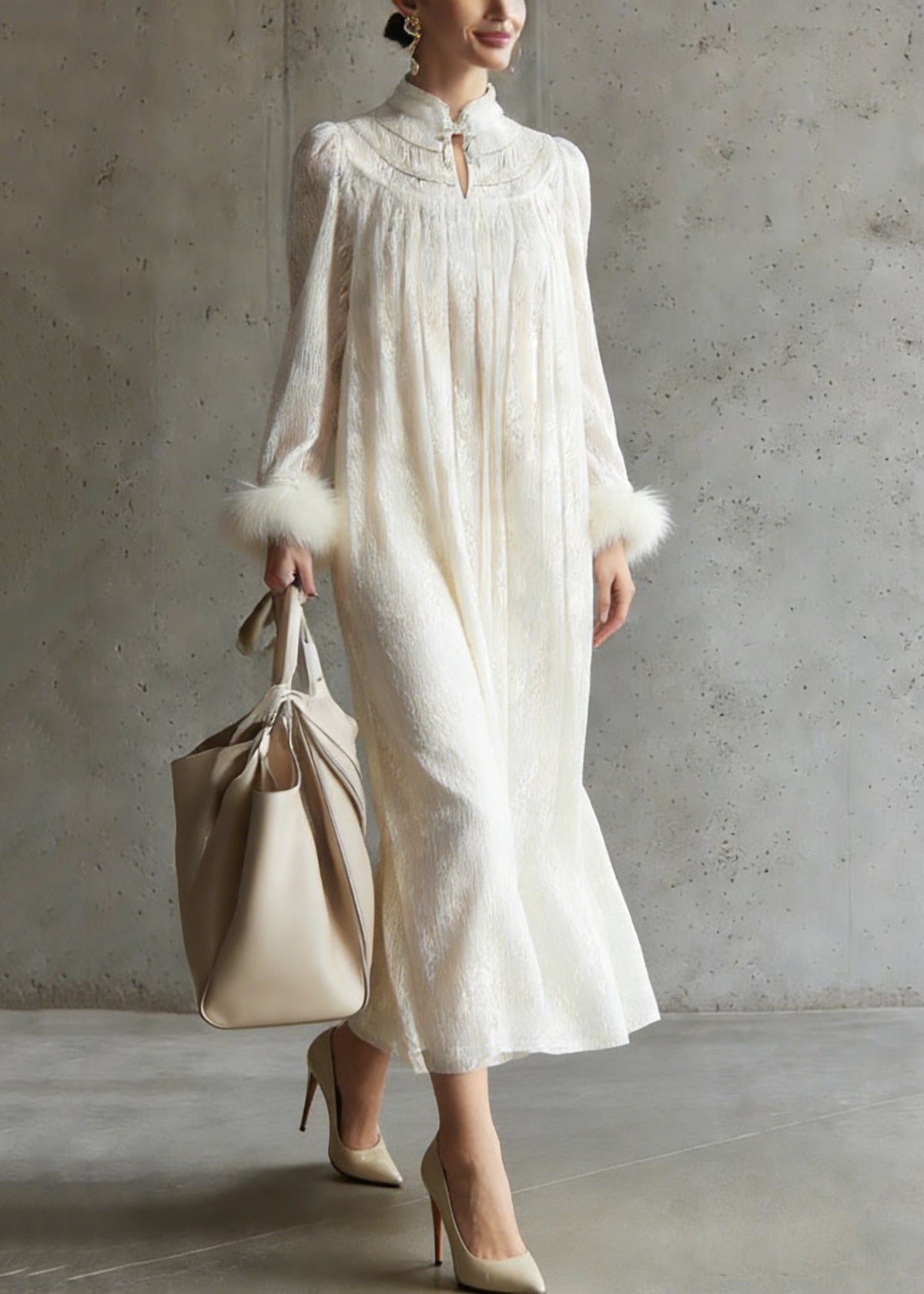 Crinkled Mandarin Collar Pintuck Pleated Fur Cuff Maxi Dress - View 5