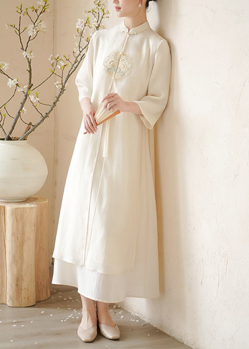 Mandarin Collar Frog Button Embroidered Tassel Side Tie Overlay Maxi Dress