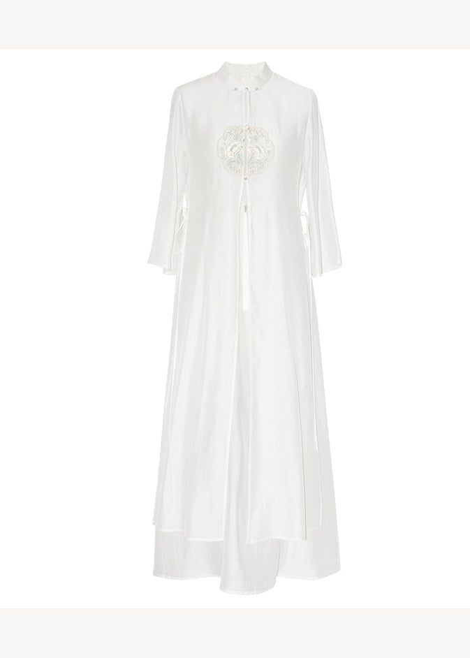 Mandarin Collar Frog Button Embroidered Tassel Side Tie Overlay Maxi Dress