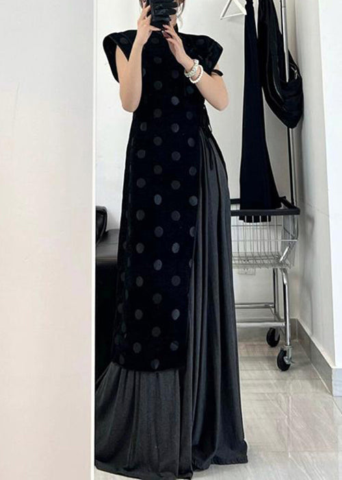 Velvet Polka Dot Mock Neck Sleeveless Asymmetrical Wrap Panel Pleated Maxi Dress