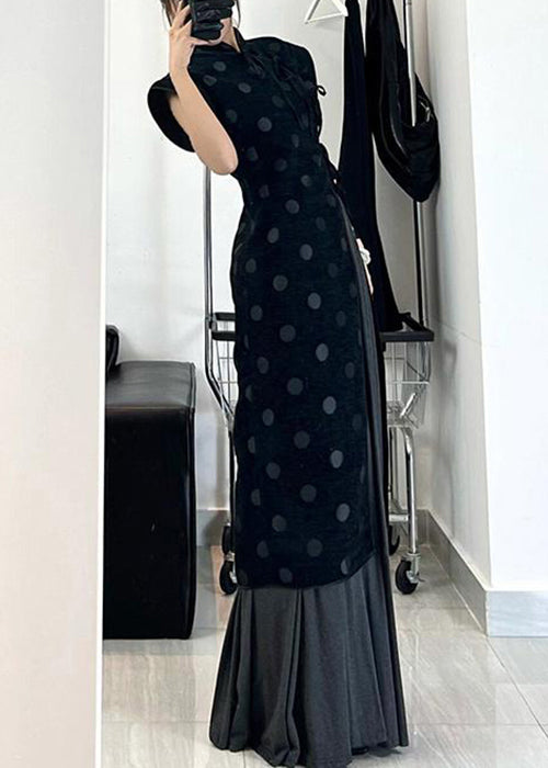 Velvet Polka Dot Mock Neck Sleeveless Asymmetrical Wrap Panel Pleated Maxi Dress