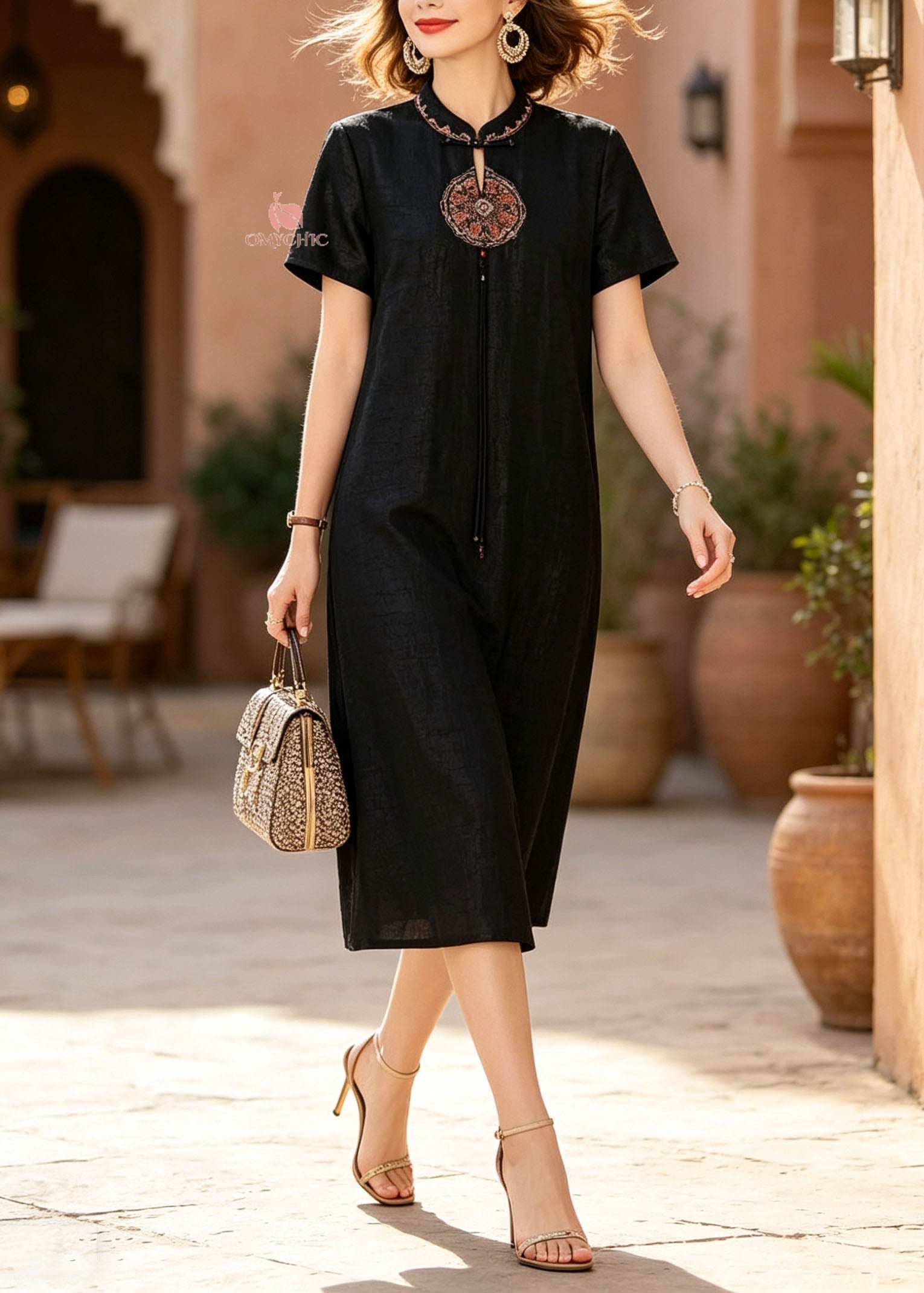 Embroidered Mandarin Collar Cut Out Medallion Tassel Short Sleeve Shift Midi Dress
