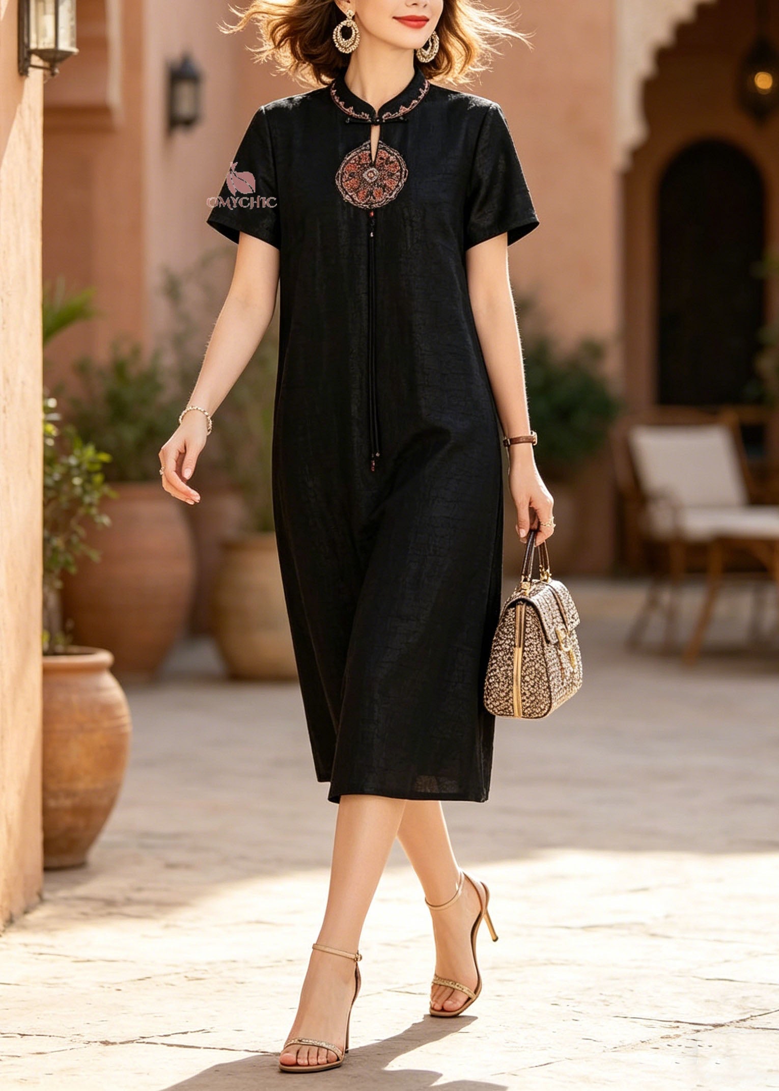 Embroidered Mandarin Collar Cut Out Medallion Tassel Short Sleeve Shift Midi Dress