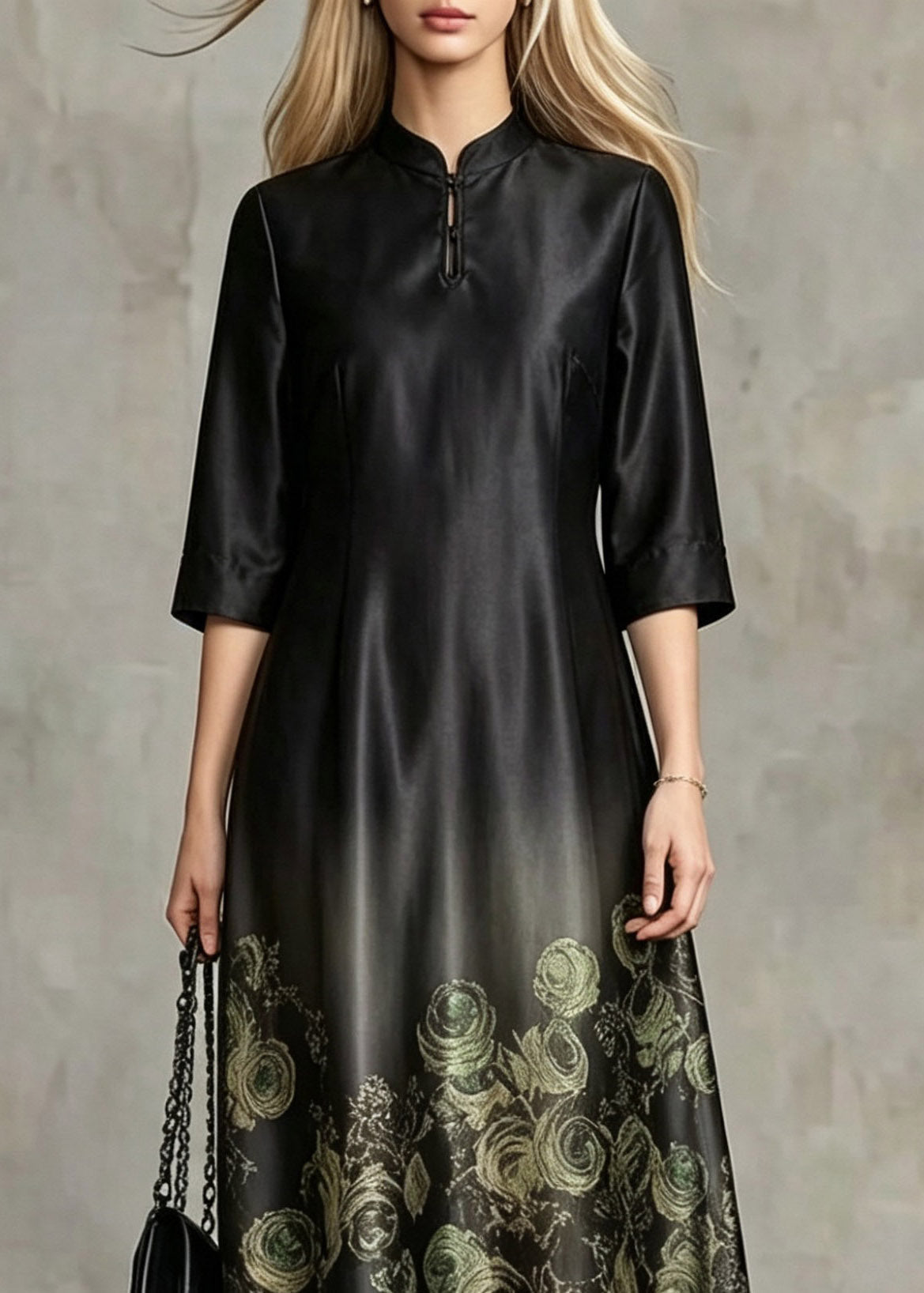 Mandarin Collar Keyhole Rose Print Gradient Hem Three Quarter Sleeve Midi Dress
