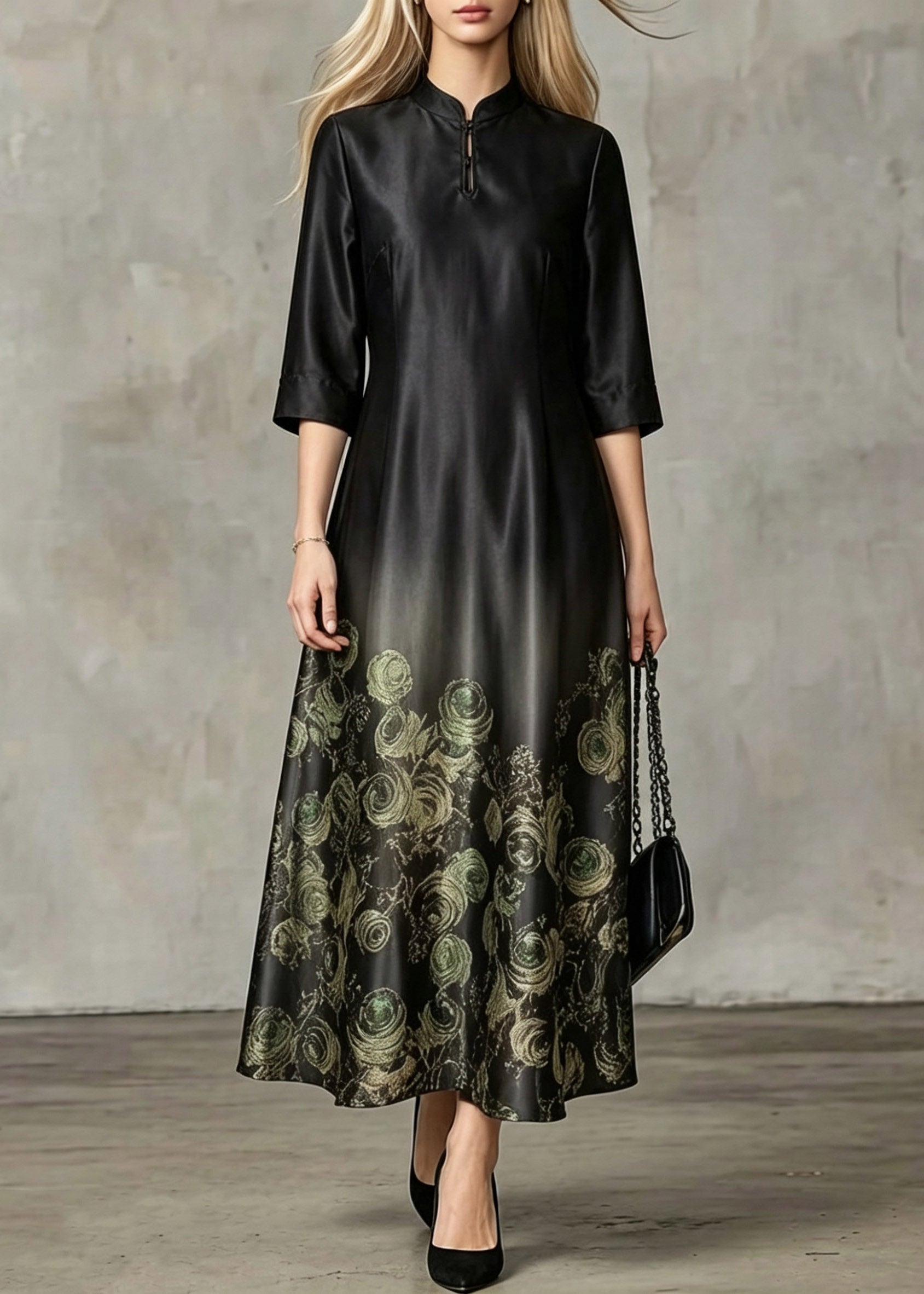 Mandarin Collar Keyhole Rose Print Gradient Hem Three Quarter Sleeve Midi Dress