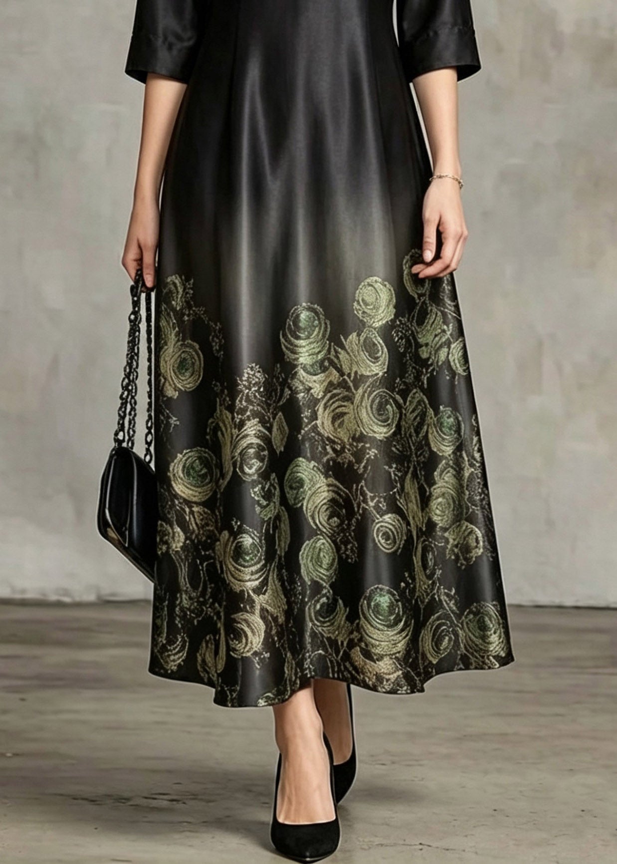 Mandarin Collar Keyhole Rose Print Gradient Hem Three Quarter Sleeve Midi Dress