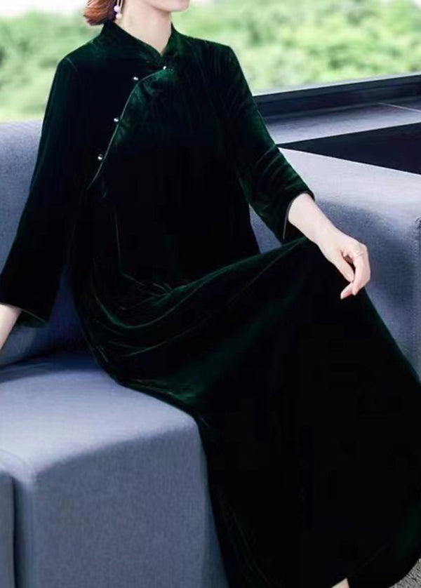 Velvet Mandarin Collar Frog Button Long Sleeve Cheongsam Maxi Dress