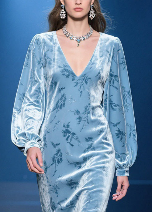 Velvet Floral Deep V-Neck Long Puff Sleeve Faux Fur Trim Midi Dress
