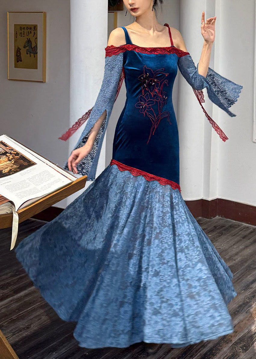 Velvet Floral Embroidery Off Shoulder Lace Bell Sleeve Maxi Gown