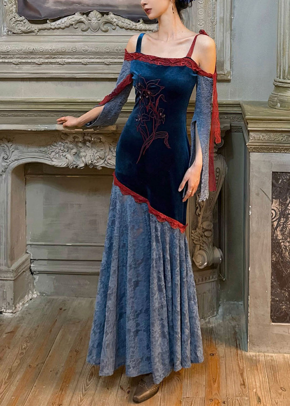 Velvet Floral Embroidery Off Shoulder Lace Bell Sleeve Maxi Gown