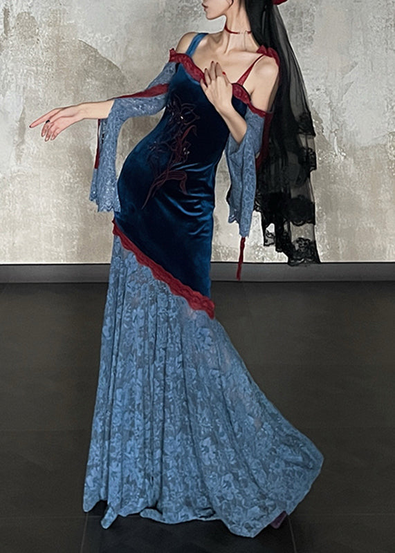 Velvet Floral Embroidery Off Shoulder Lace Bell Sleeve Maxi Gown