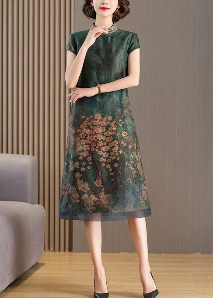 Landscape Print Organza Mandarin Collar Cap Sleeve Contrast Hem Layered Midi Dress