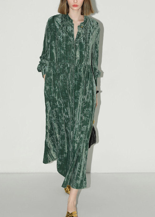 Velvet V-Neck Button Placket Mandarin Collar Lantern Sleeve Tiered Maxi Dress
