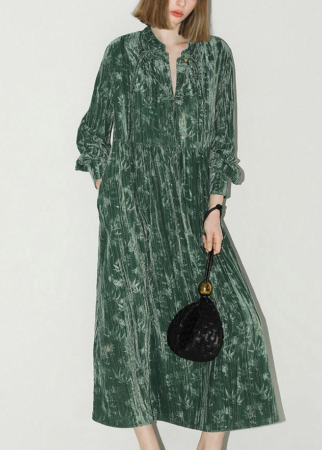 Velvet V-Neck Button Placket Mandarin Collar Lantern Sleeve Tiered Maxi Dress