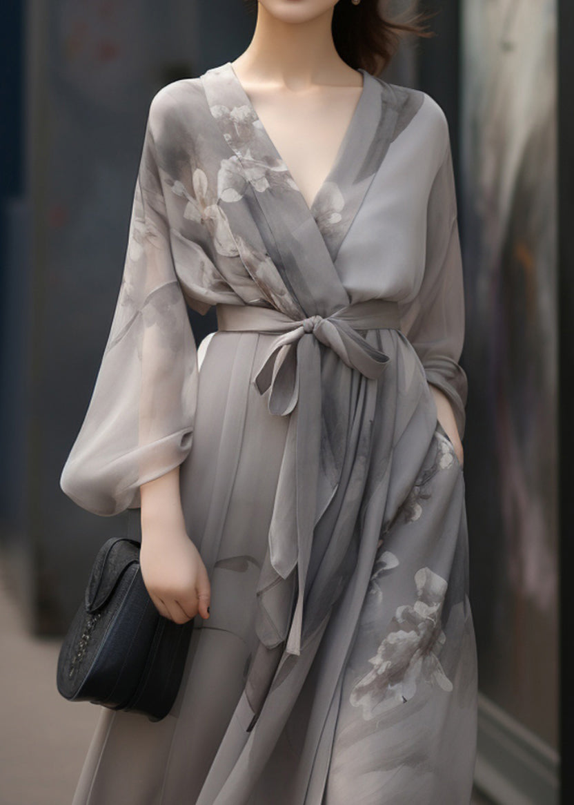 Floral Print Wrap Deep V-Neck Bishop Sleeve Tie Waist Chiffon Maxi Dress