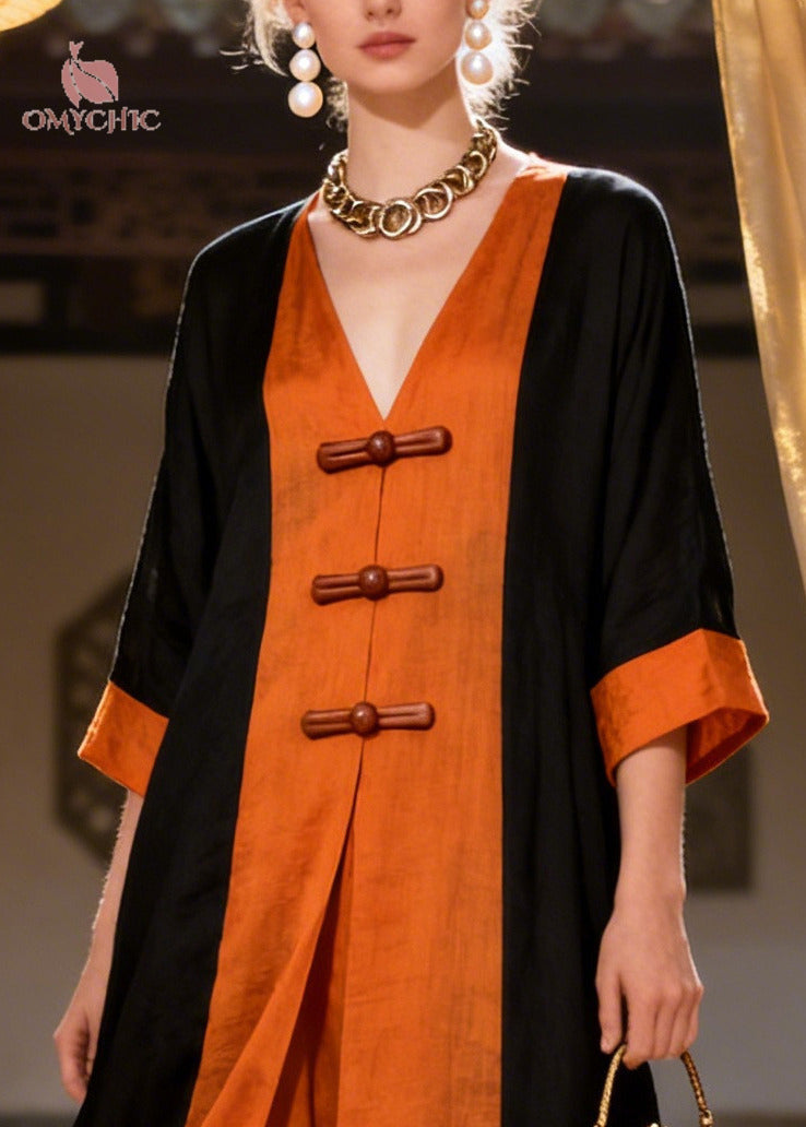 Chinese Style Orange Patchwork Chinese Button Cotton Dress Summer
