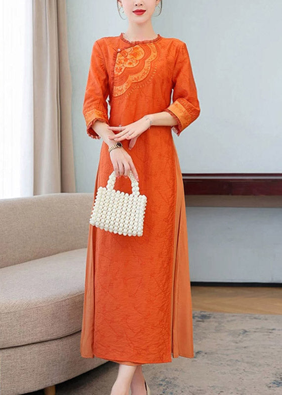 Embroidered Chest Patch Lace Trim Three Quarter Sleeve Maxi Dress - View 2