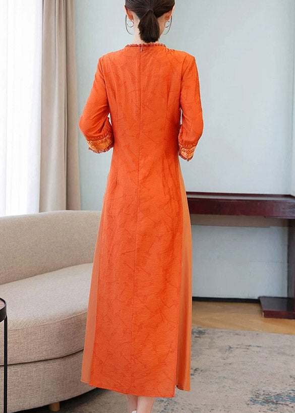 Embroidered Chest Patch Lace Trim Three Quarter Sleeve Side Fasten Crinkled Maxi Dress