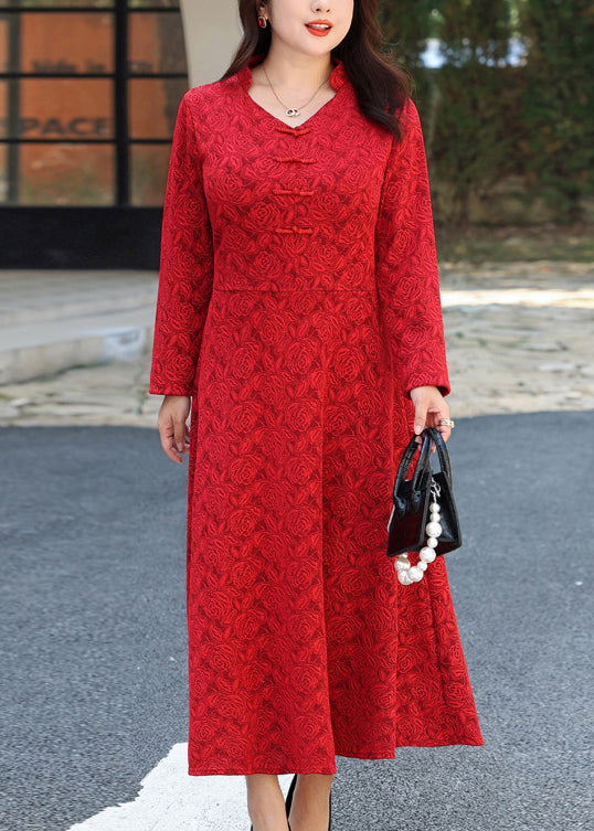 Rose Floral Jacquard Mandarin Collar V-Neck Frog Button Long Sleeve A-Line Maxi Dress