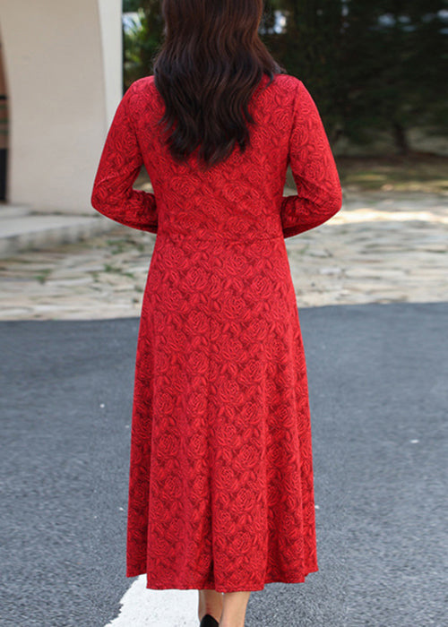 Rose Floral Jacquard Mandarin Collar V-Neck Frog Button Long Sleeve A-Line Maxi Dress