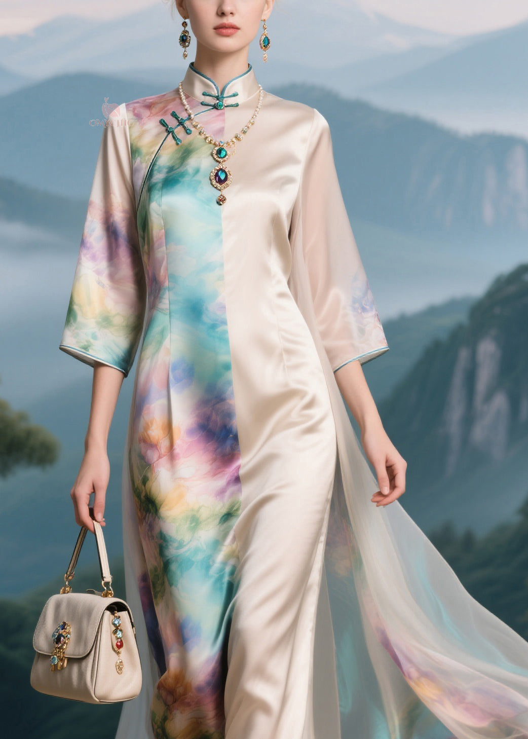 Mandarin Collar Frog Button Split Panel Floral Print Sheer Overlay Maxi Gown