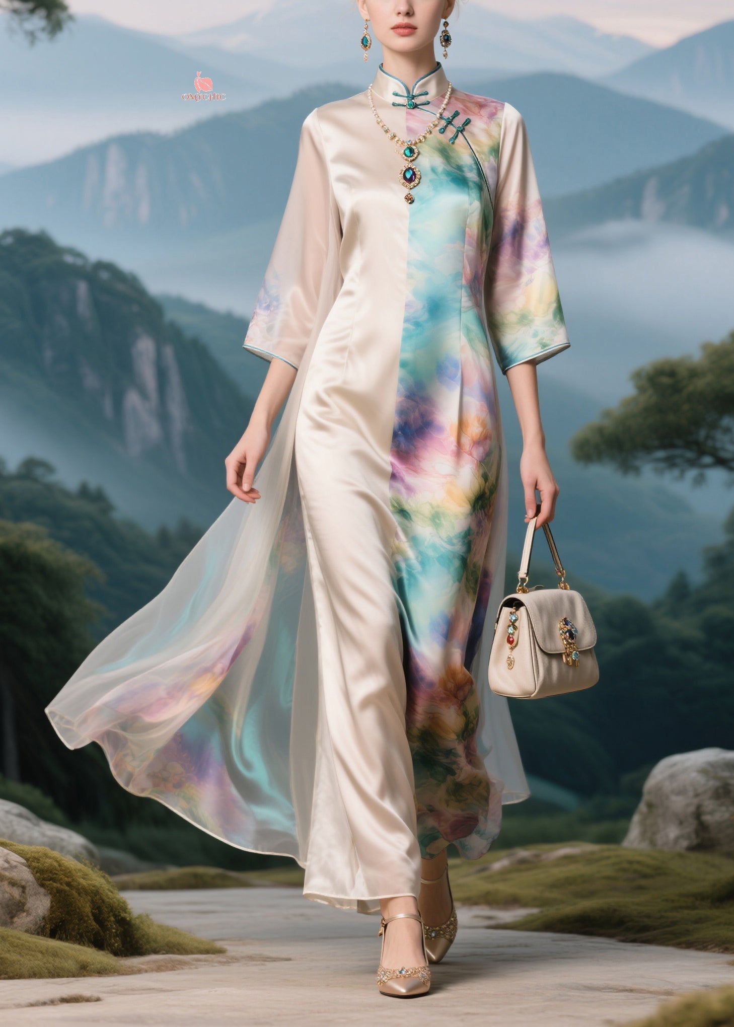 Mandarin Collar Frog Button Split Panel Floral Print Sheer Overlay Maxi Gown