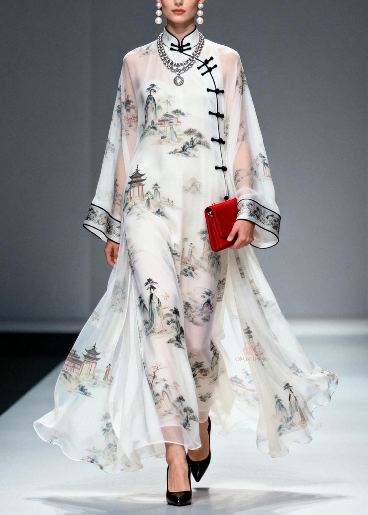 Mandarin Collar Frog Button Landscape Print Bell Sleeve Sheer Chiffon Maxi Gown
