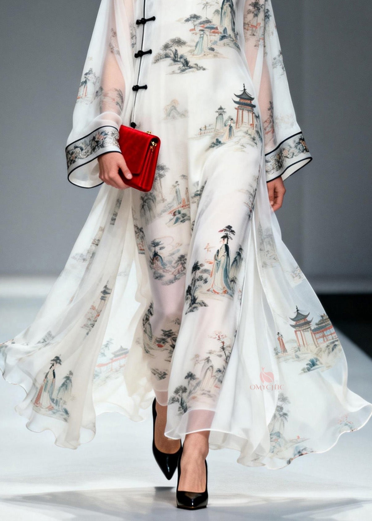 Mandarin Collar Frog Button Landscape Print Bell Sleeve Sheer Chiffon Maxi Gown