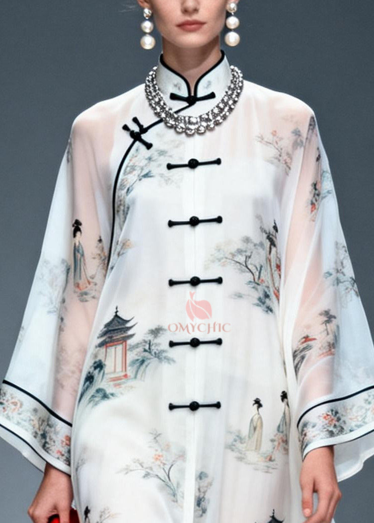 Landscape Print Mandarin Collar Frog Button Long Sleeve Chiffon Maxi Gown