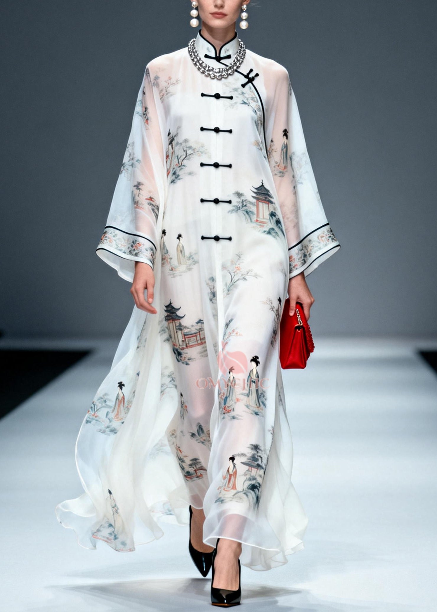 Landscape Print Mandarin Collar Frog Button Long Sleeve Chiffon Maxi Gown